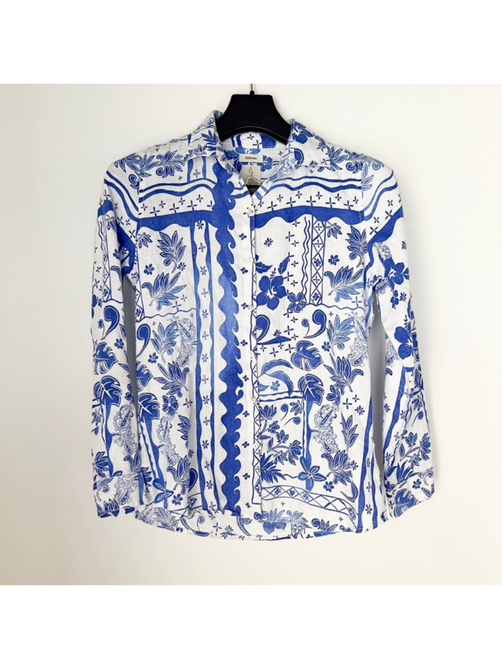 Joie Blue & White 100% Linen Tropical Floral Button Down Shirt Size Small Beachy